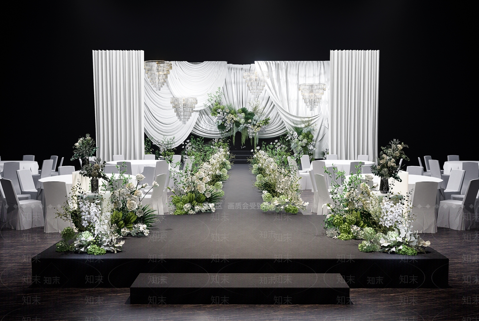 现代香槟白绿色婚礼宴会厅SU模型下载【ID:1148012832】