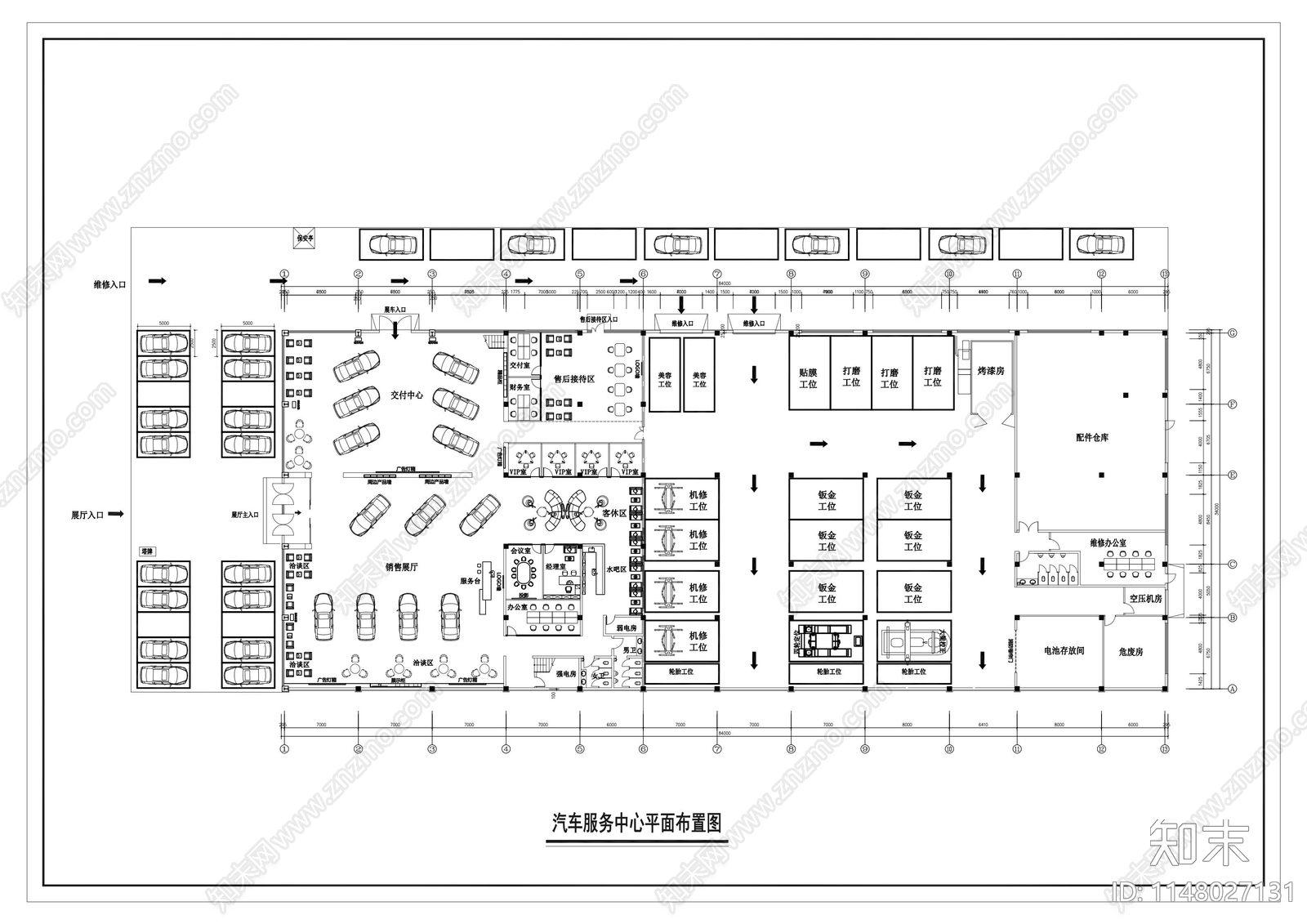 4s体验店汽车服务中心室内平面布局图施工图下载【ID:1148027131】