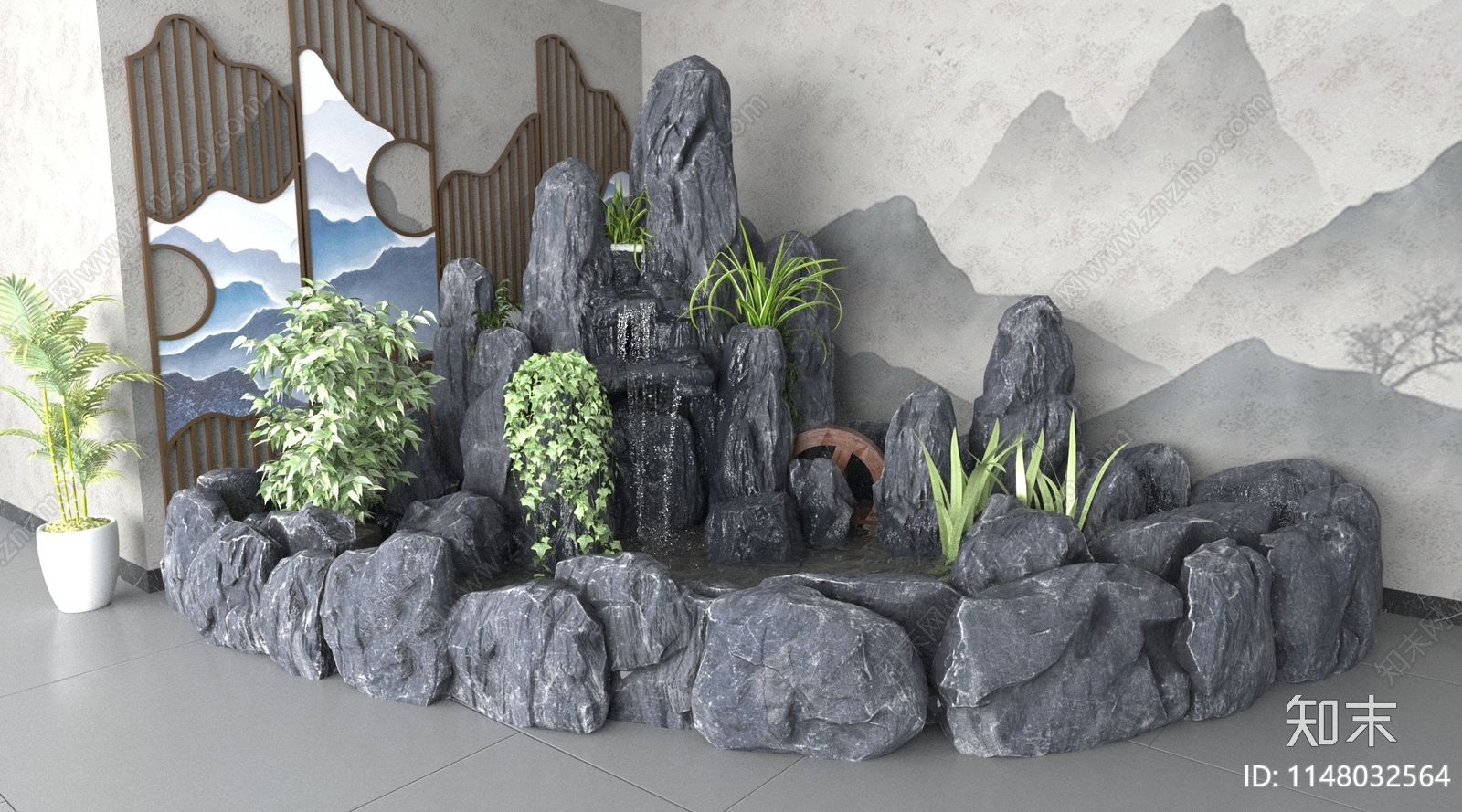 新中式假山水景3D模型下载【ID:1148032564】