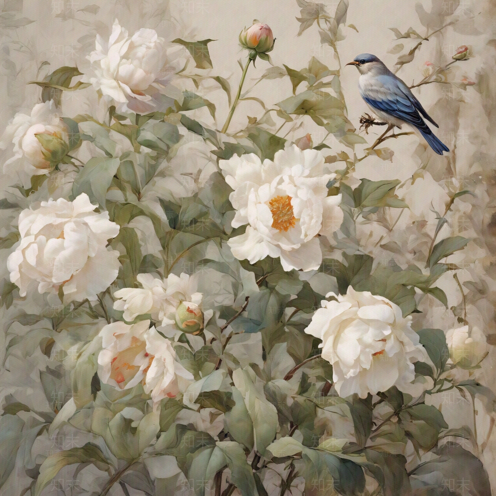 牡丹花鸟花卉后花园植物壁画贴图下载【ID:1148036576】