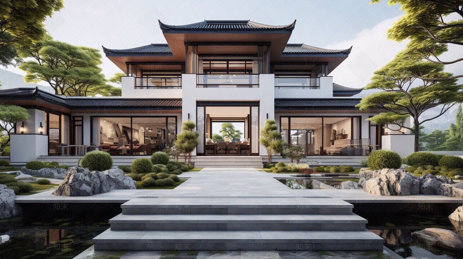 豪华新中式别墅建筑花园外景贴图下载【ID:1148044277】