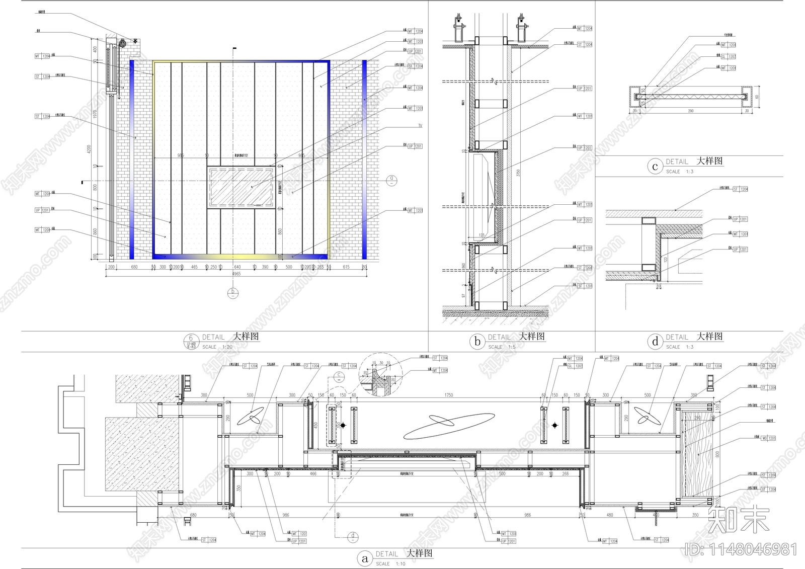 酒店端景电视背景墙节点大样图cad施工图下载【ID:1148046981】