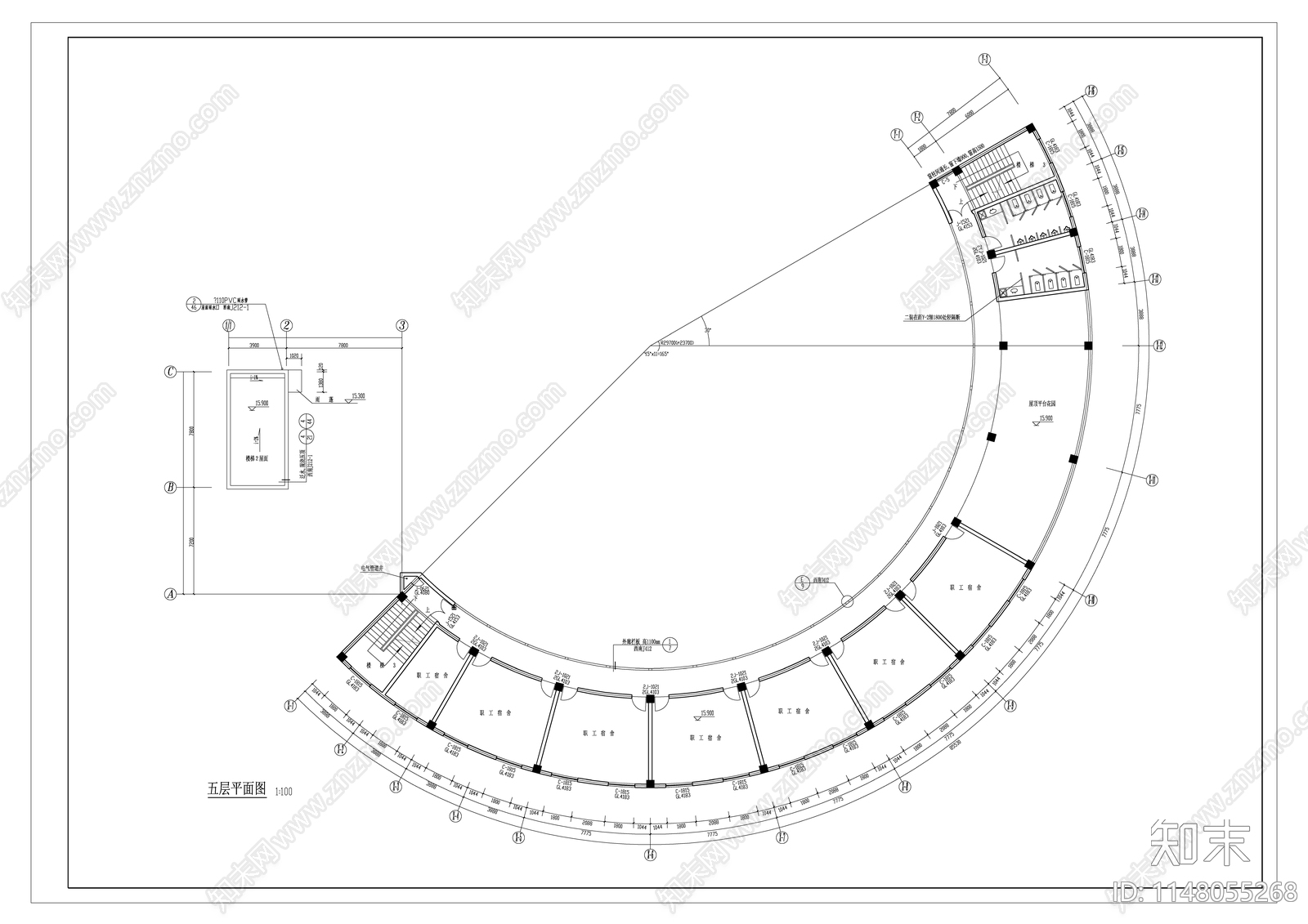 五层学校食堂建筑cad施工图下载【ID:1148055268】