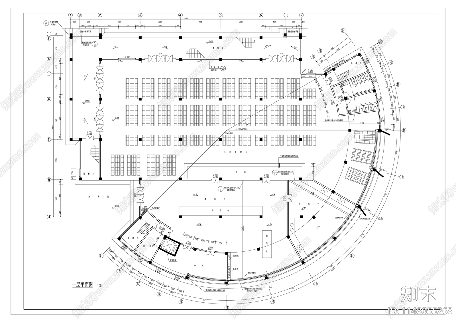 五层学校食堂建筑cad施工图下载【ID:1148055268】