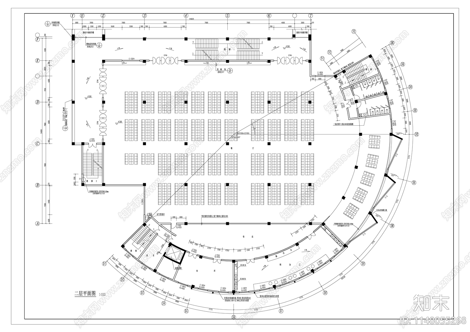 五层学校食堂建筑cad施工图下载【ID:1148055268】