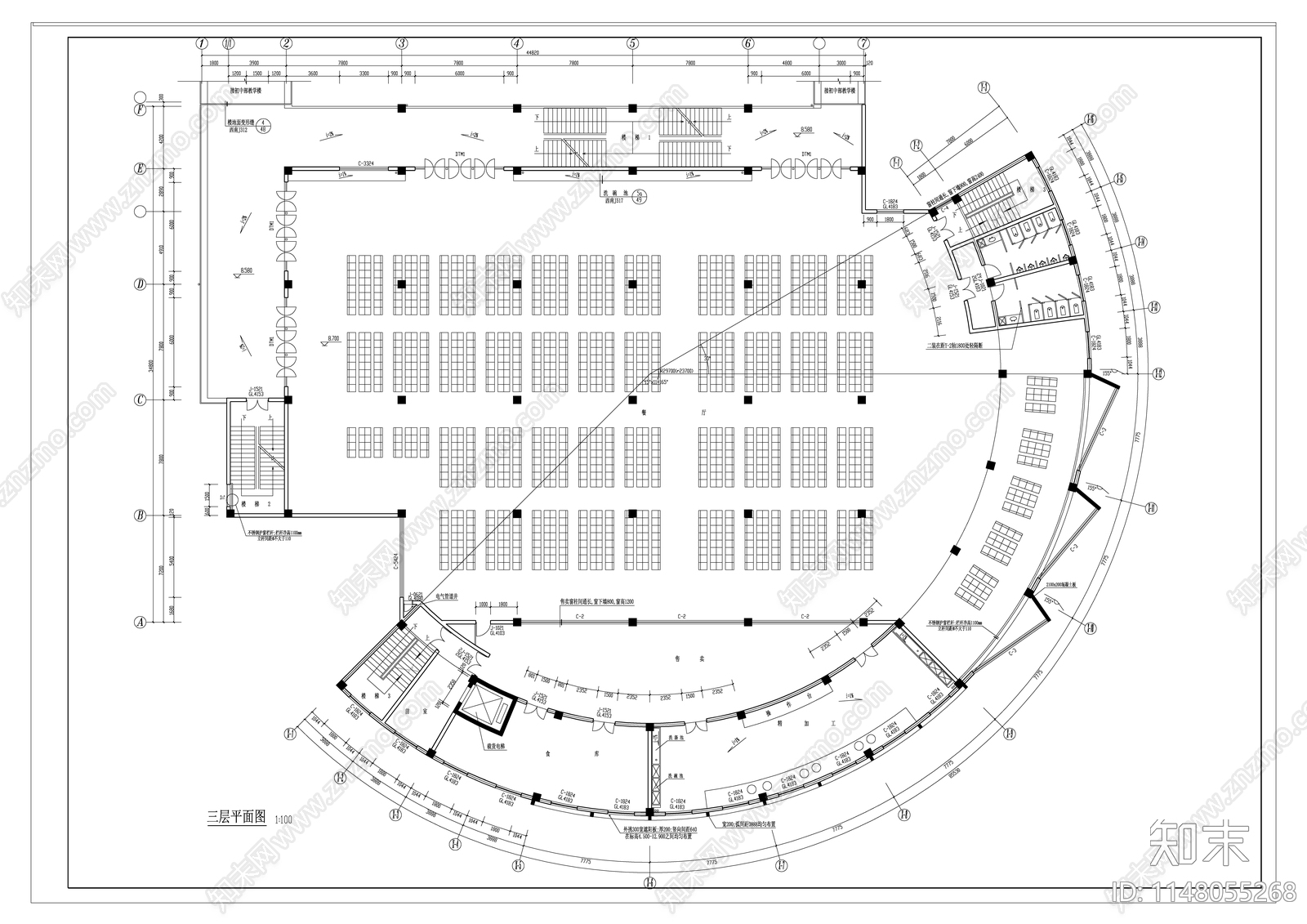 五层学校食堂建筑cad施工图下载【ID:1148055268】