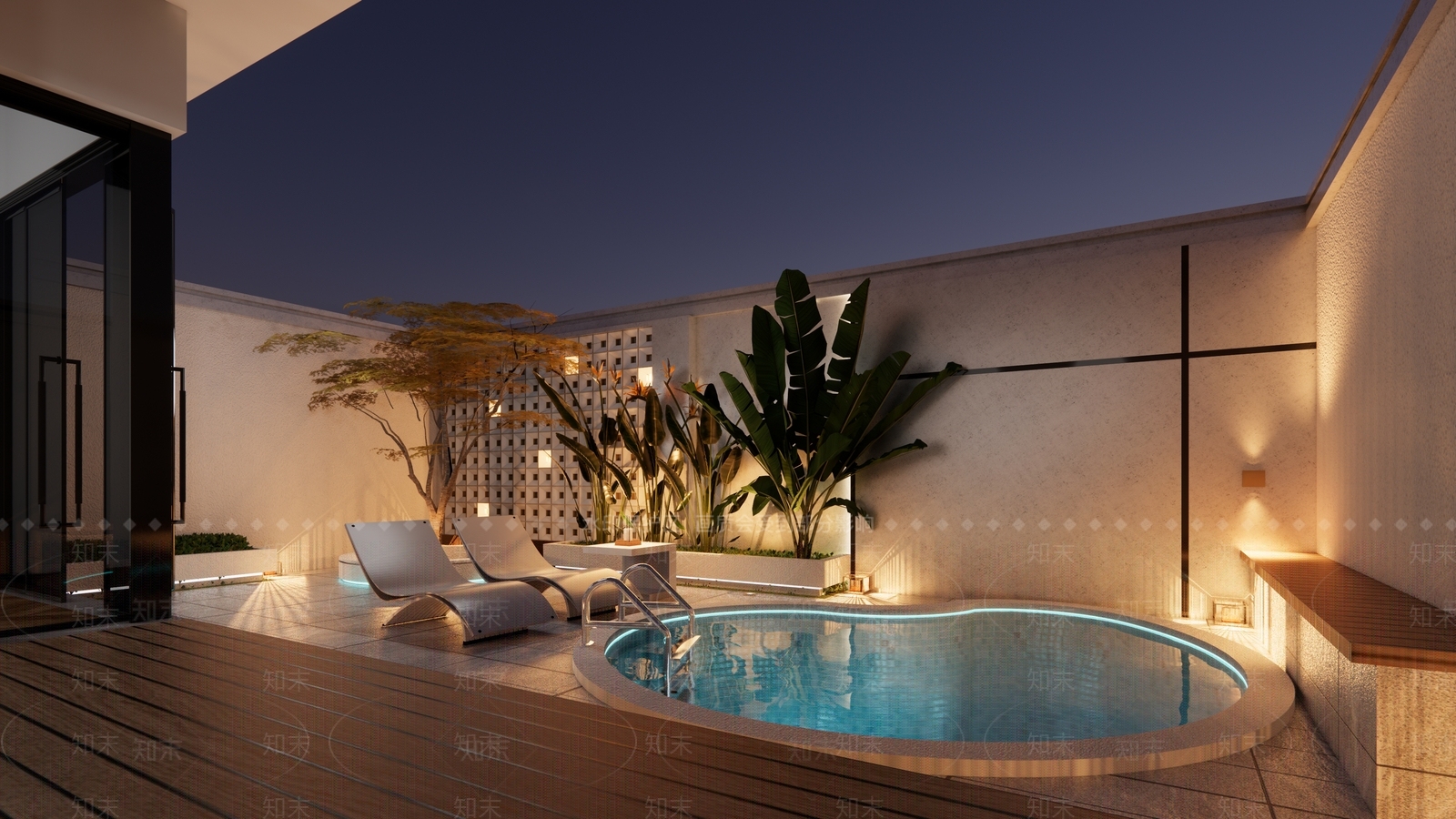 现代小院外景游泳池SU模型下载【ID:1148127374】