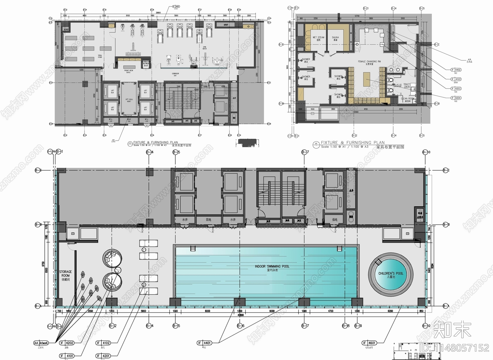 健身房游泳池更衣室康体SPA会所施工图下载【ID:1148057152】