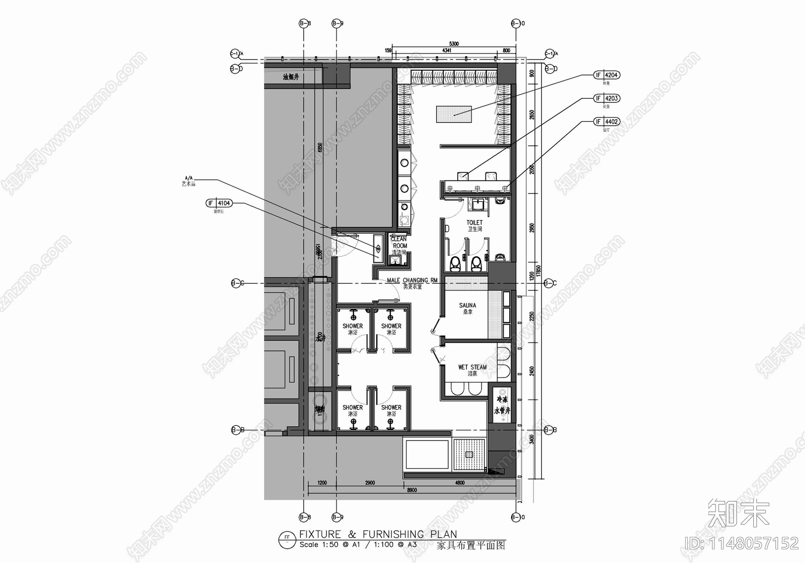 健身房游泳池更衣室康体SPA会所施工图下载【ID:1148057152】