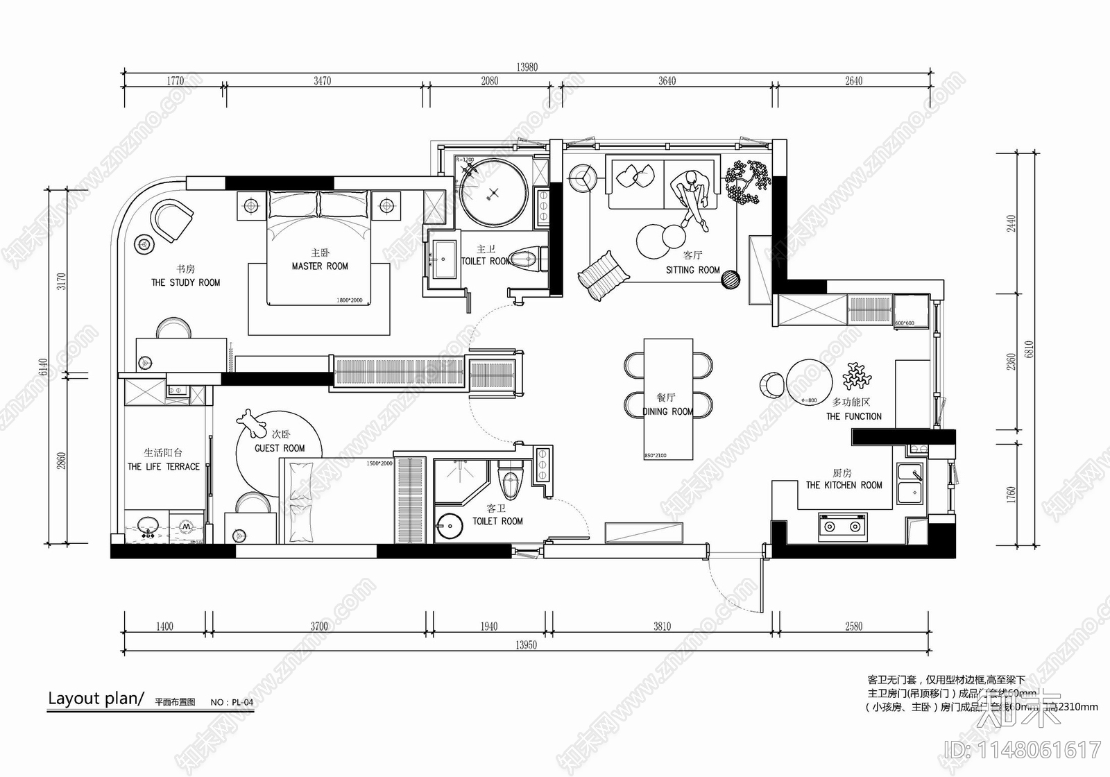 95㎡两居室家装公寓样板间cad施工图下载【ID:1148061617】