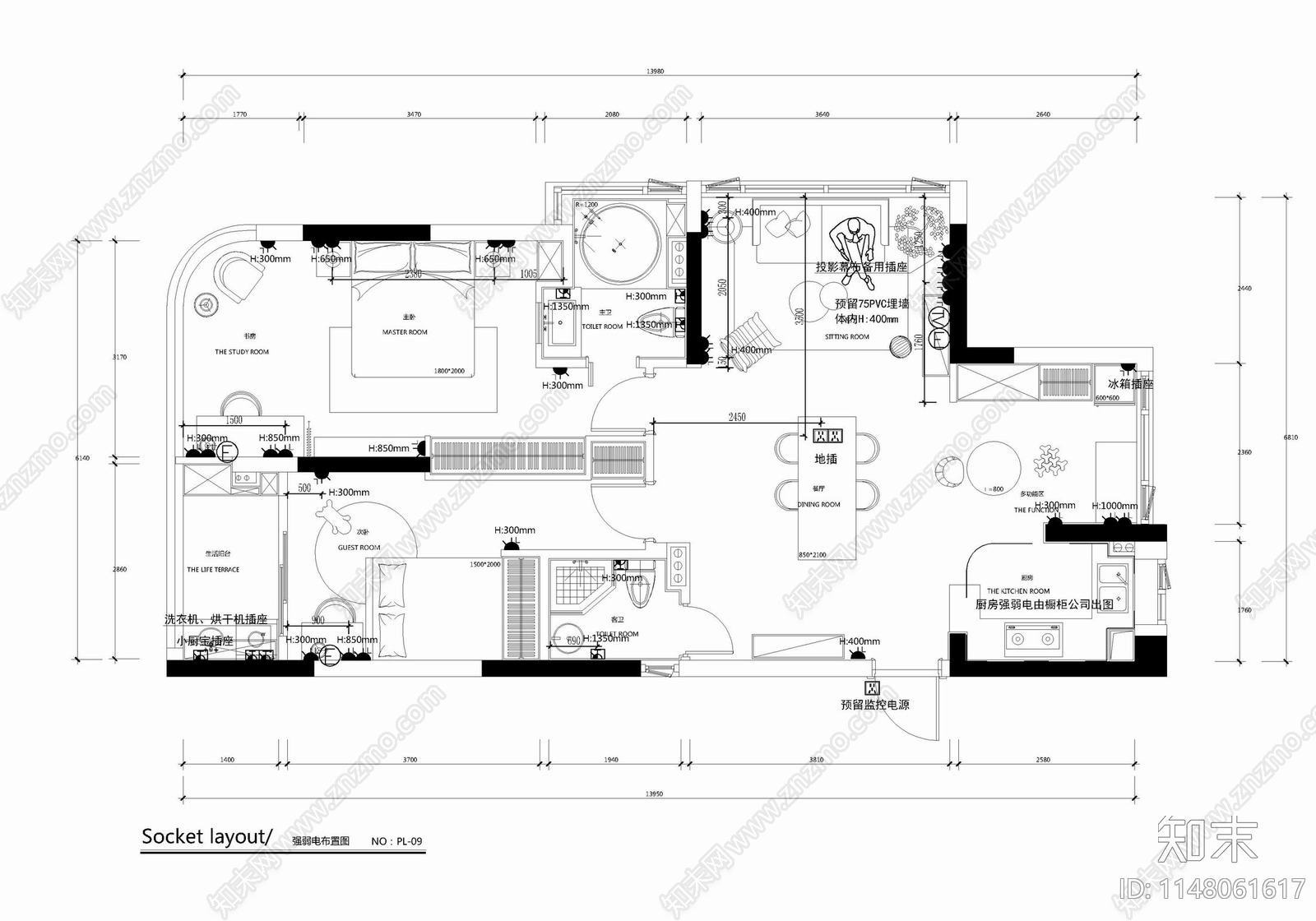 95㎡两居室家装公寓样板间cad施工图下载【ID:1148061617】