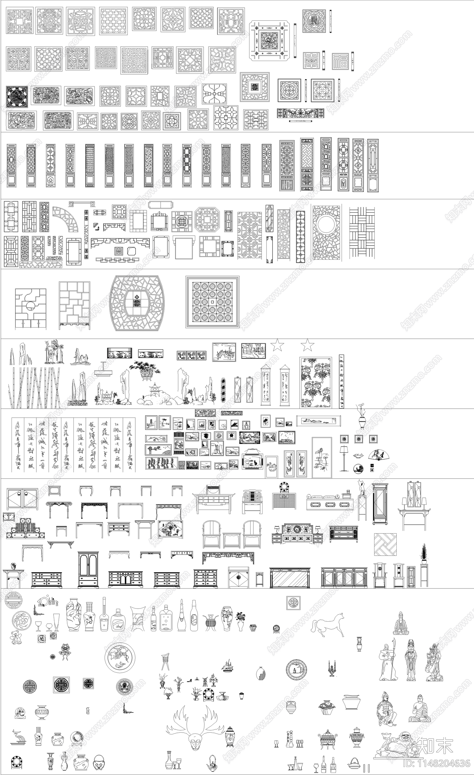 新中式家具隔断图库cad施工图下载【ID:1148204636】