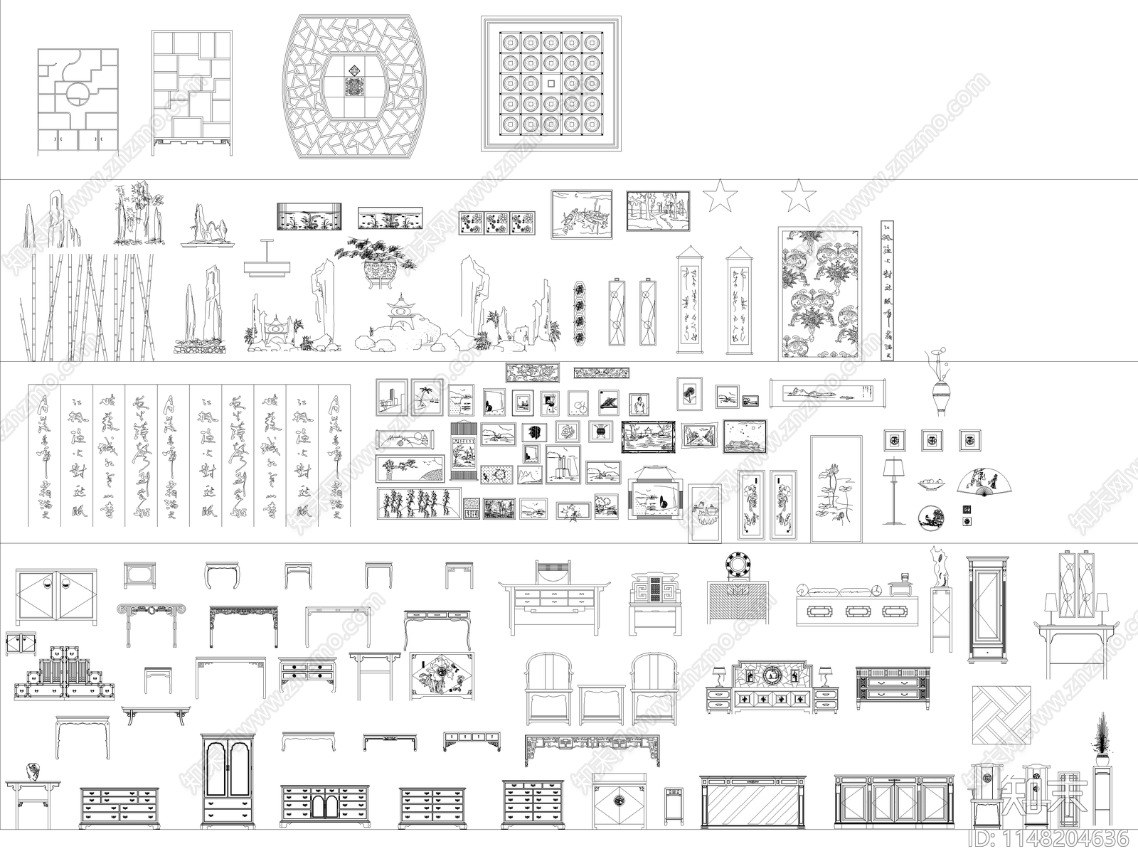 新中式家具隔断图库cad施工图下载【ID:1148204636】