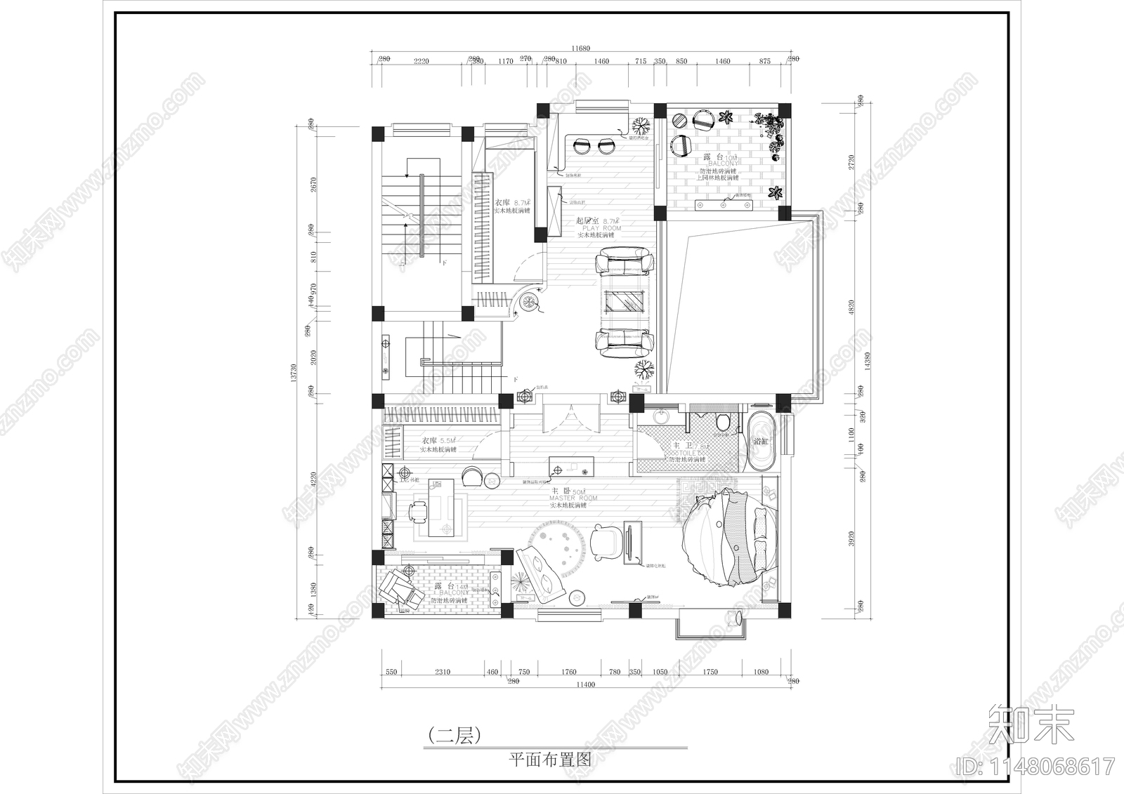 双层别墅精装平面图施工图下载【ID:1148068617】