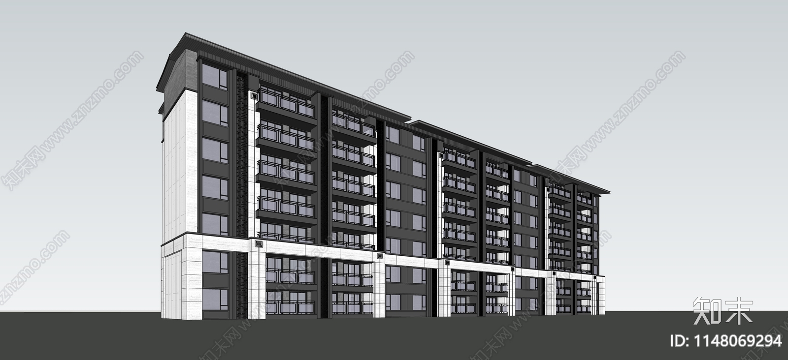 新中式高层住宅SU模型下载【ID:1148069294】