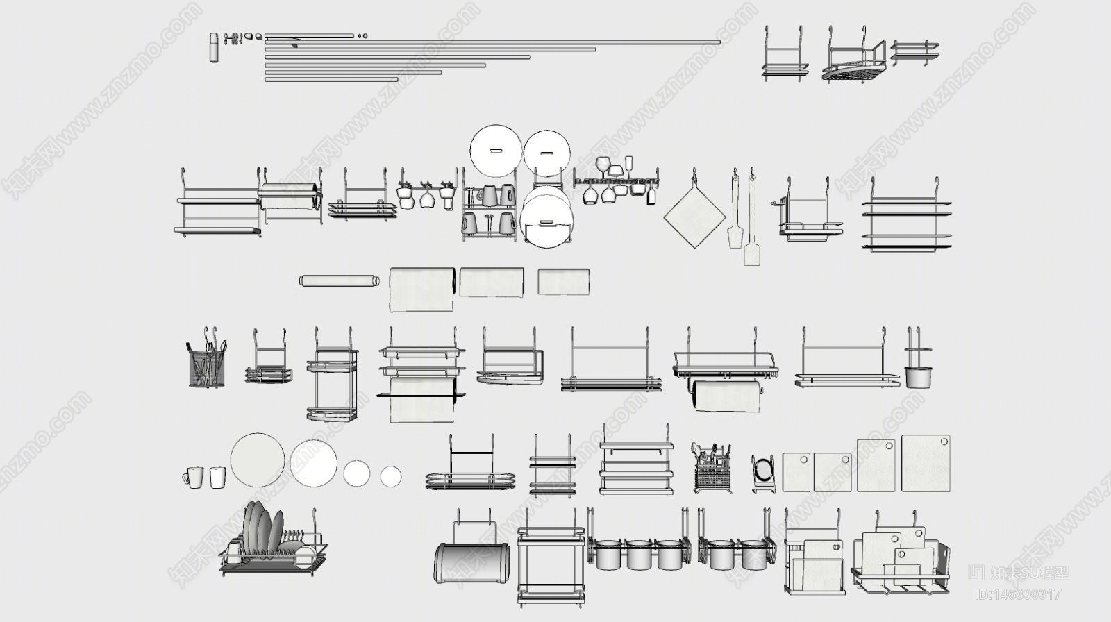 现代厨房厨具组合SU模型下载【ID:146800317】