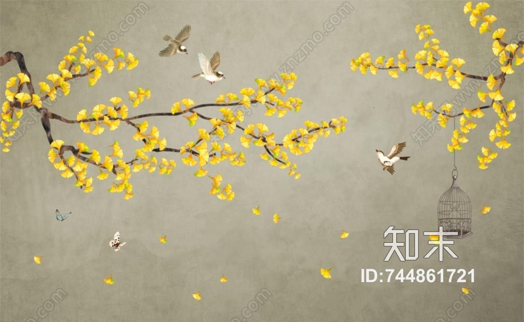中式鸟树风景壁纸贴图贴图下载【ID:744861721】