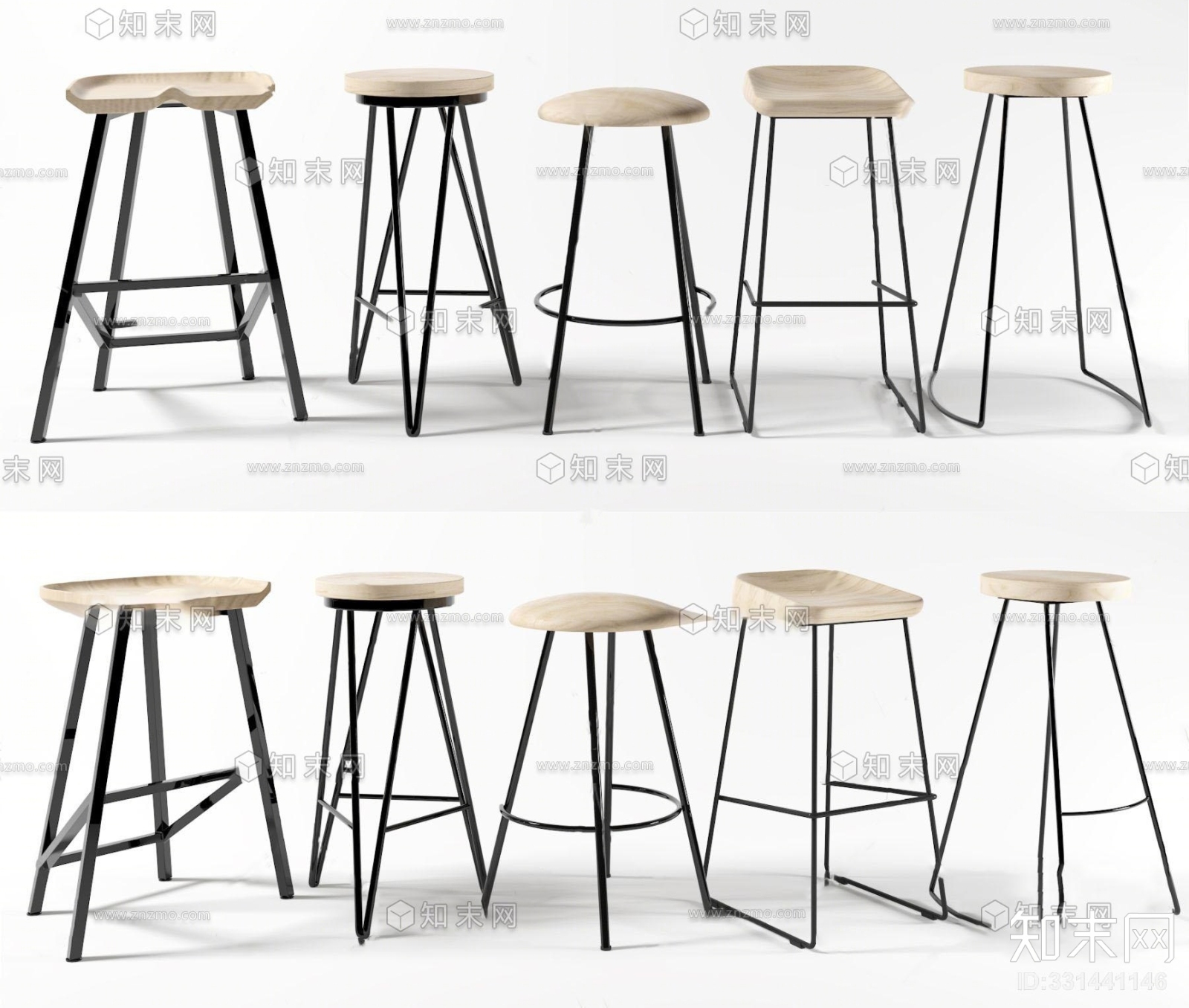 现代铁艺木质吧台椅3D模型下载【ID:331441146】