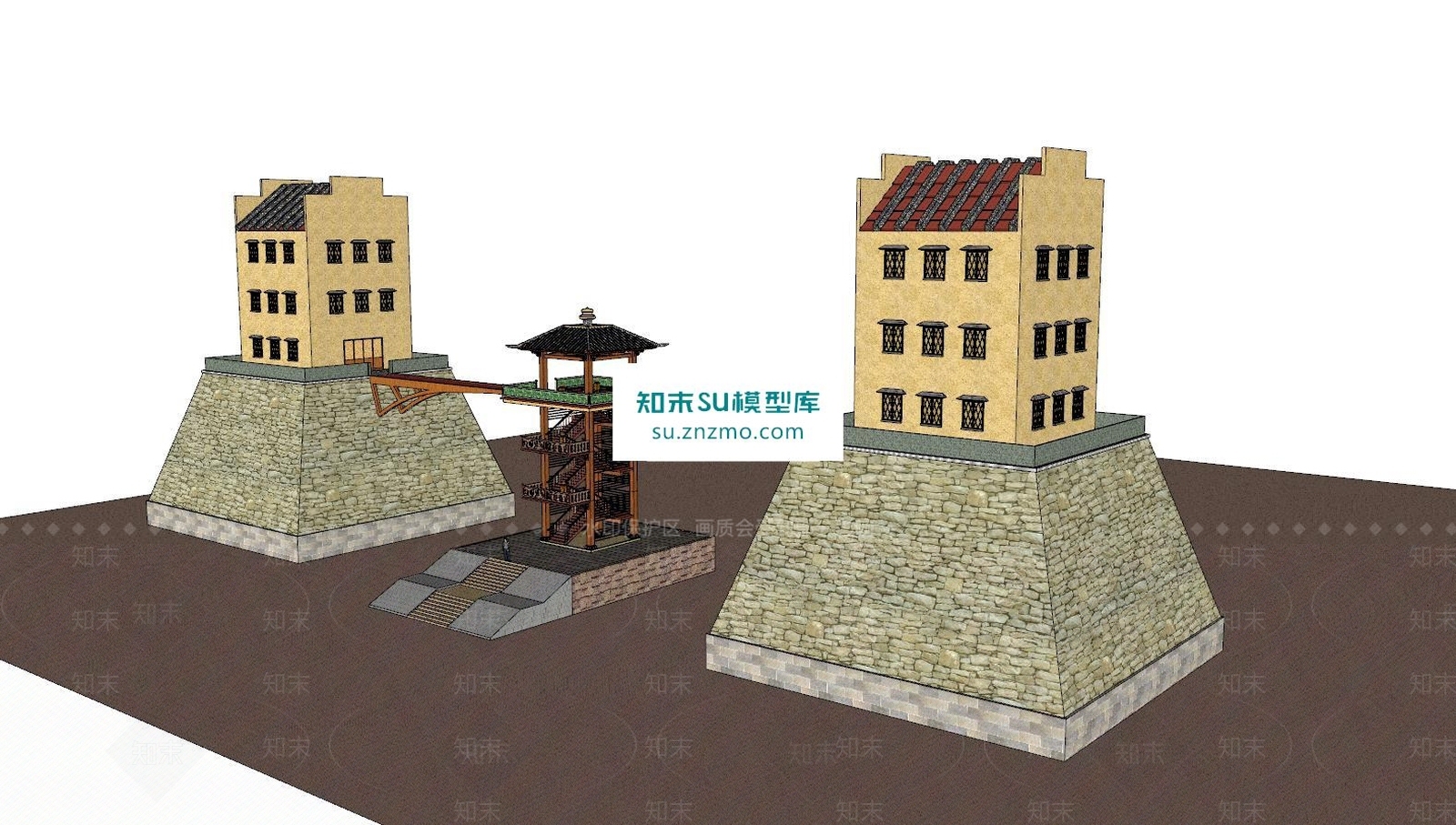 中式桥楼房建筑SU模型下载【ID:163185193】