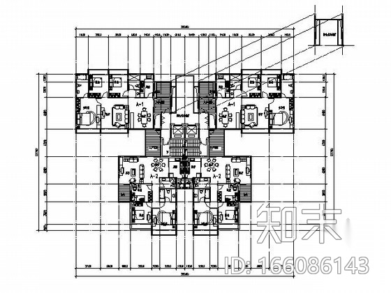 [经典]二梯四户高层住宅户型图（带入户花园，120平米）cad施工图下载【ID:166086143】