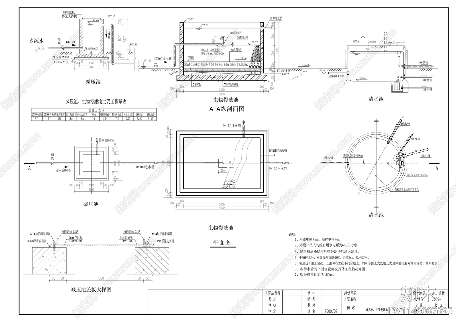 农业水利工程粗滤池cad施工图下载【ID:1148087396】