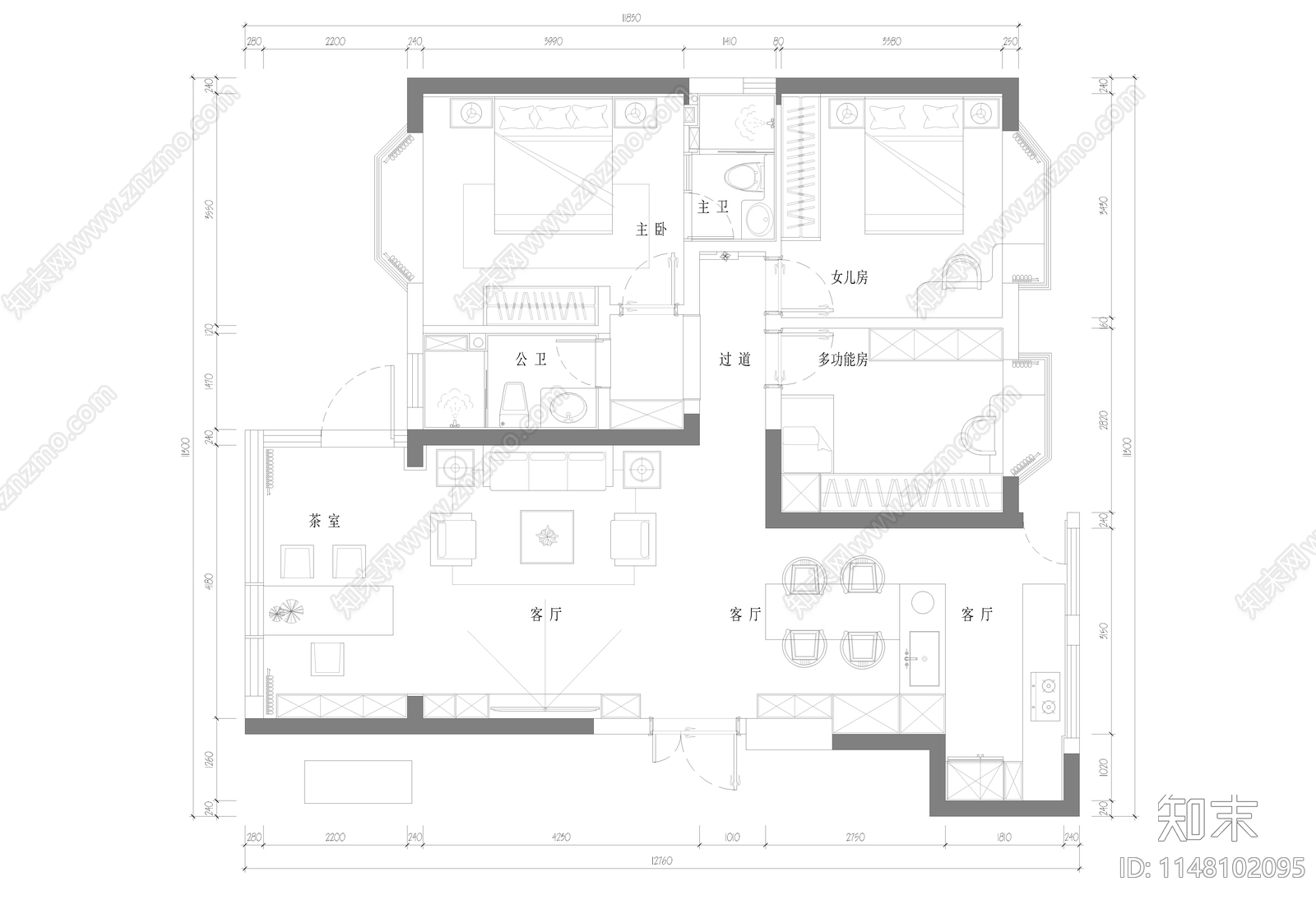 新中式样板房施工图cad施工图下载【ID:1148102095】