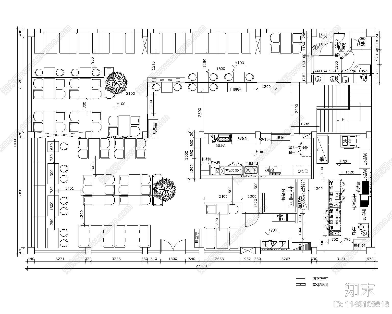 西餐厅牛排店店铺布局设计方案平面布置图库案例施工图下载【ID:1148109818】