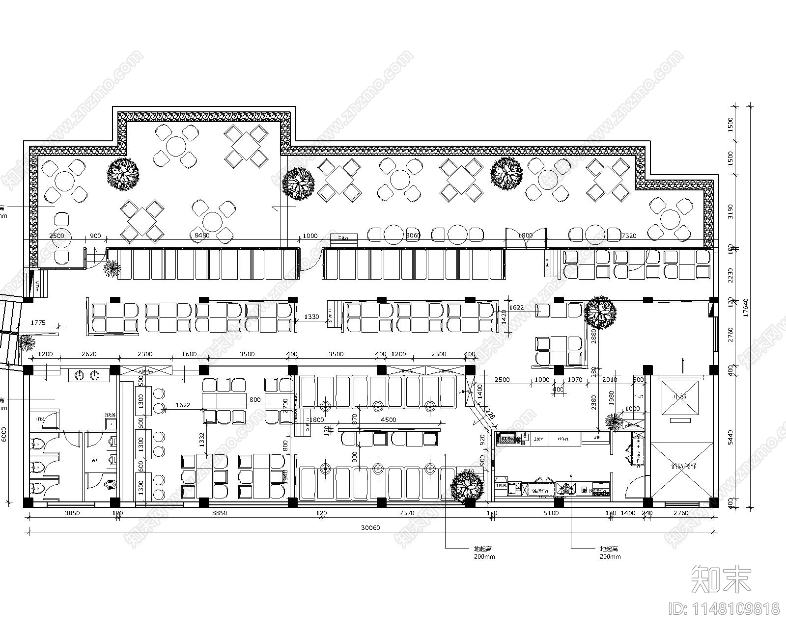 西餐厅牛排店店铺布局设计方案平面布置图库案例施工图下载【ID:1148109818】