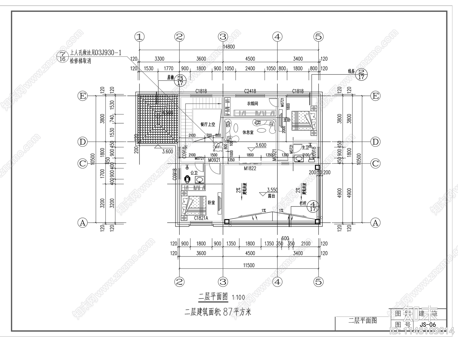 欧式二层别墅带露台施工图cad施工图下载【ID:1148109014】