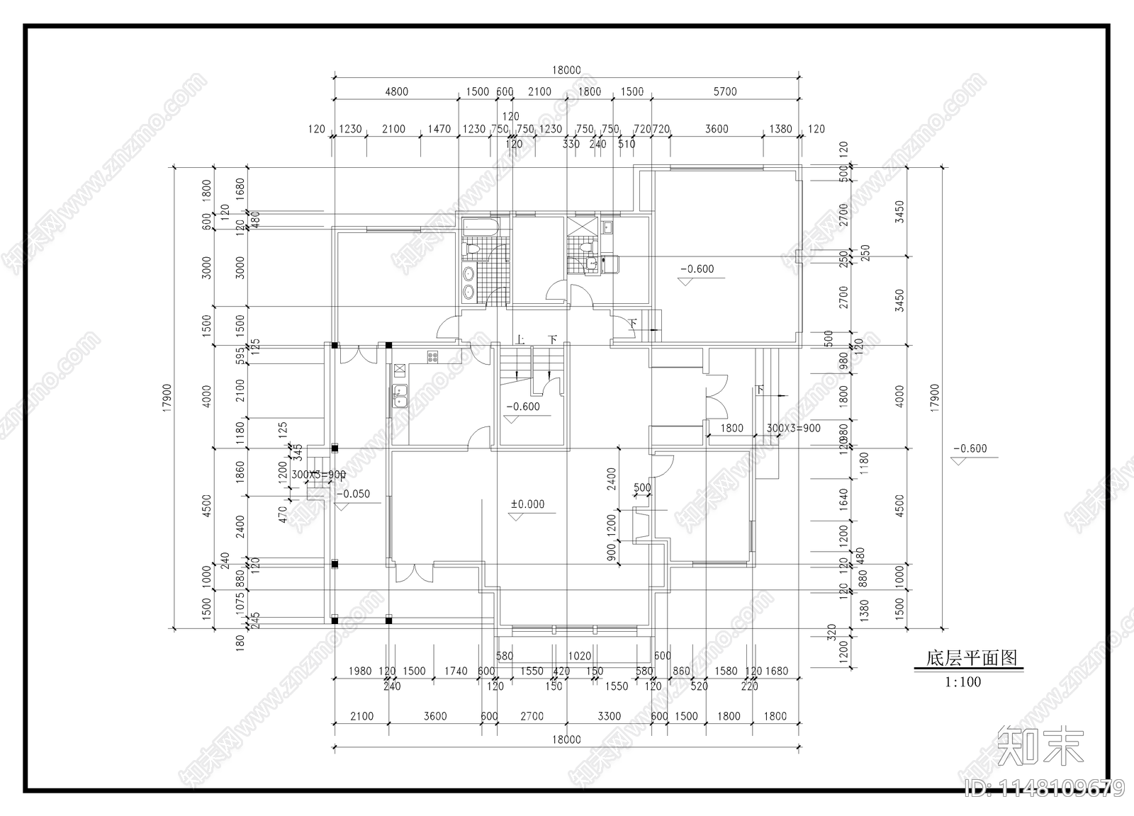 二层别墅建筑设计cad施工图下载【ID:1148109679】