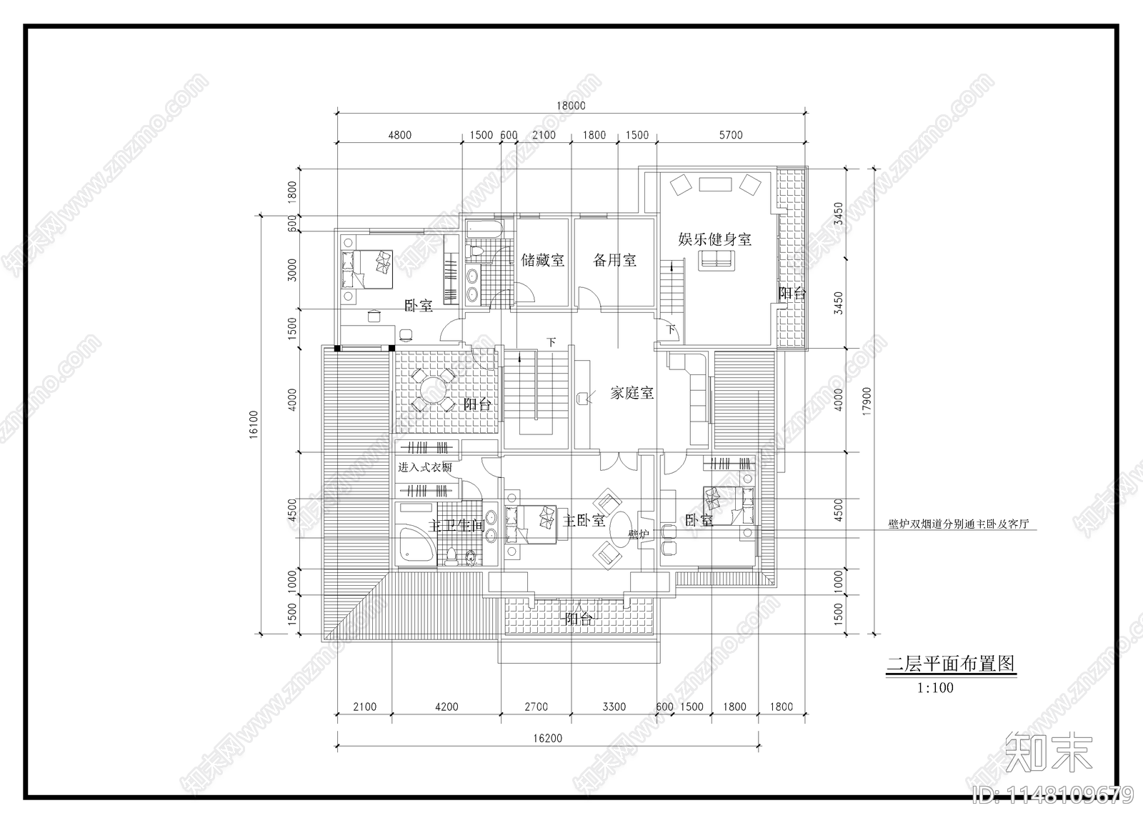 二层别墅建筑设计cad施工图下载【ID:1148109679】