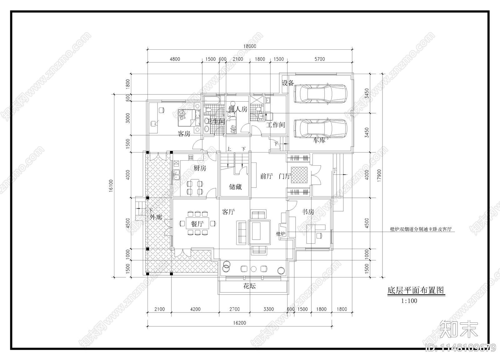 二层别墅建筑设计cad施工图下载【ID:1148109679】