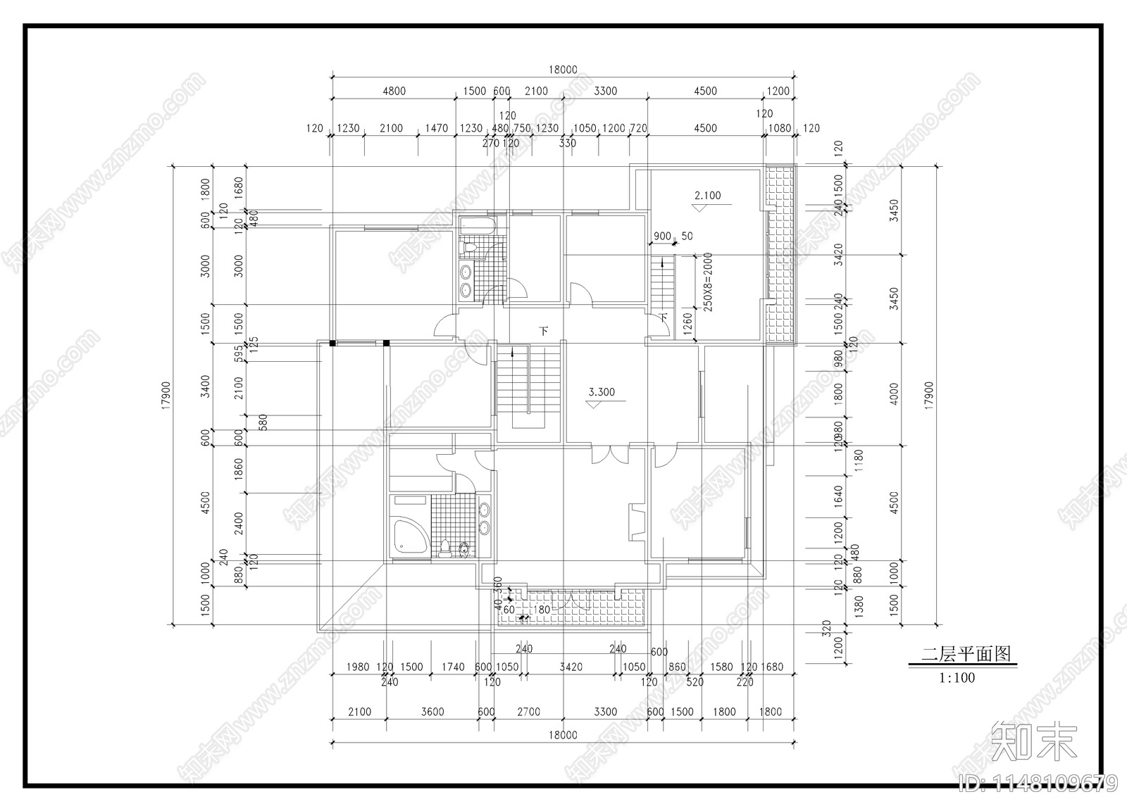 二层别墅建筑设计cad施工图下载【ID:1148109679】