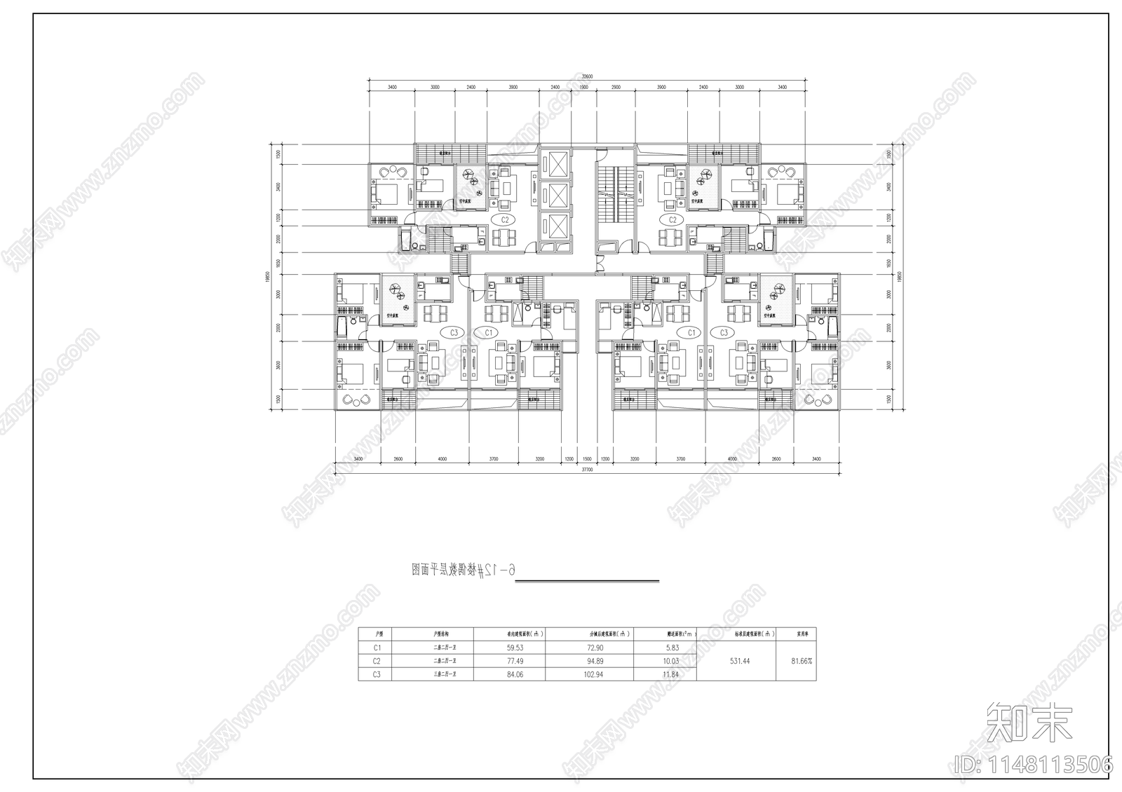 现代公寓住宅楼经典平面图cad施工图下载【ID:1148113506】