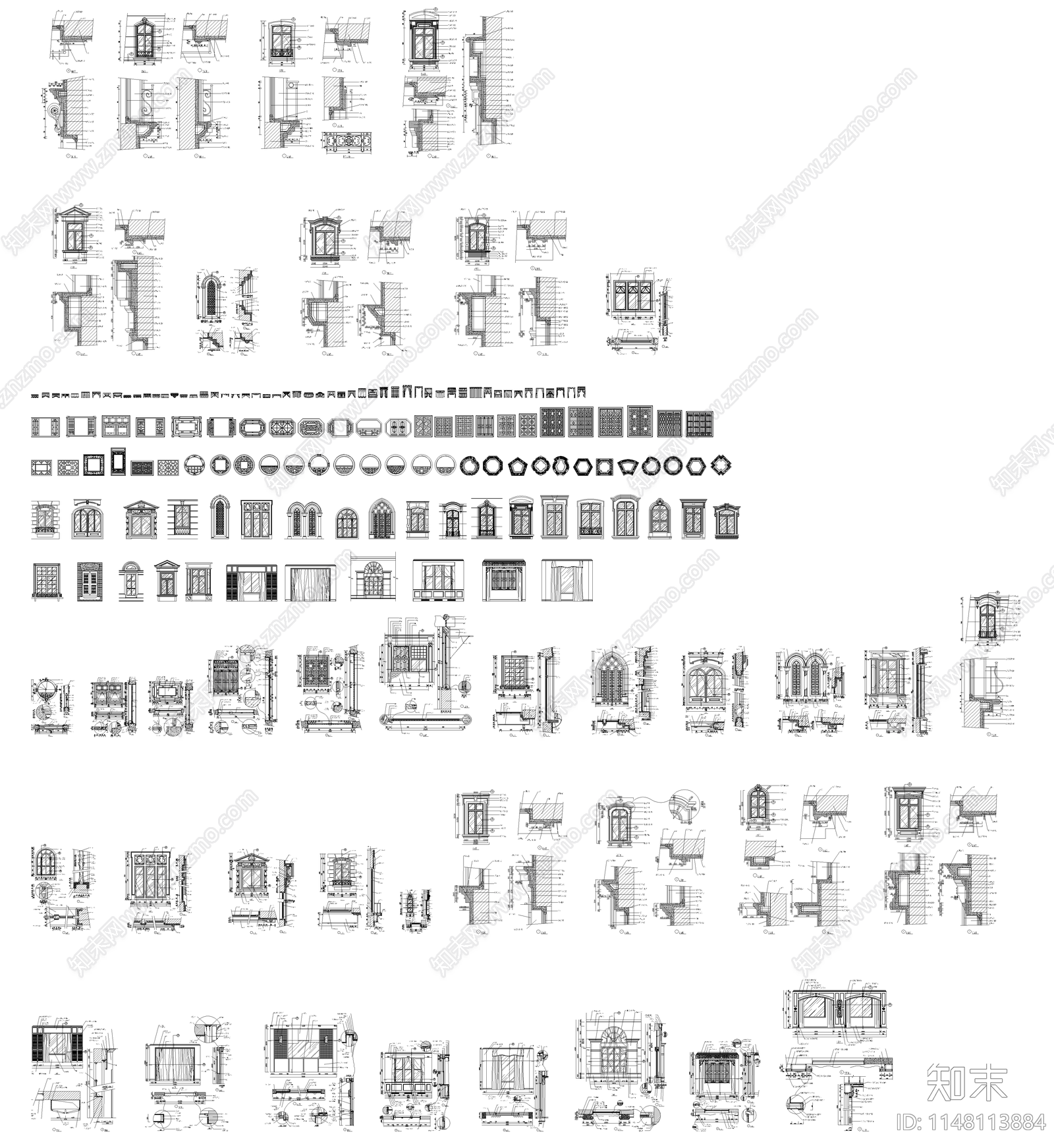 新中式屏风窗户图库cad施工图下载【ID:1148113884】