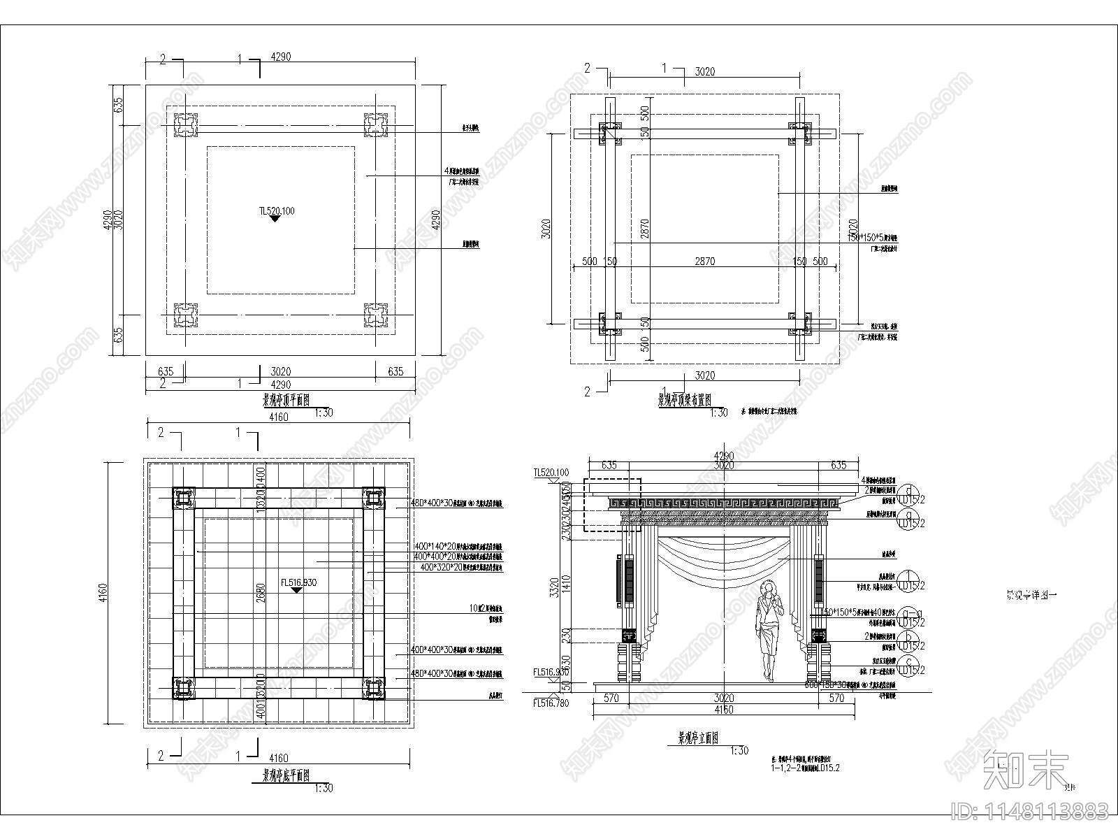 现代景观亭cad施工图下载【ID:1148113883】