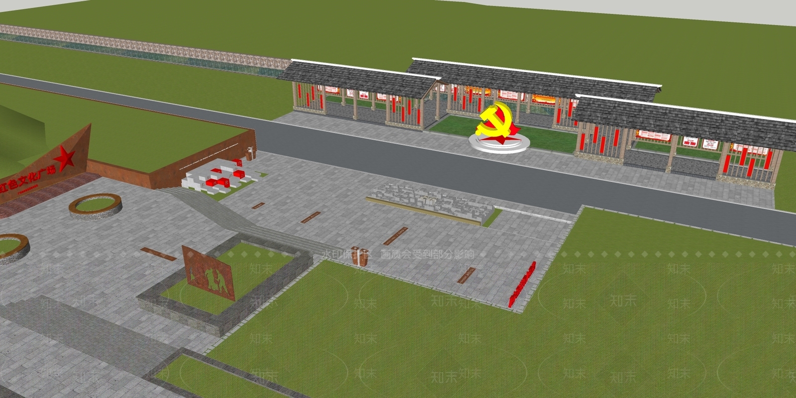 现代党建红色文化广场SU模型下载【ID:1148114461】