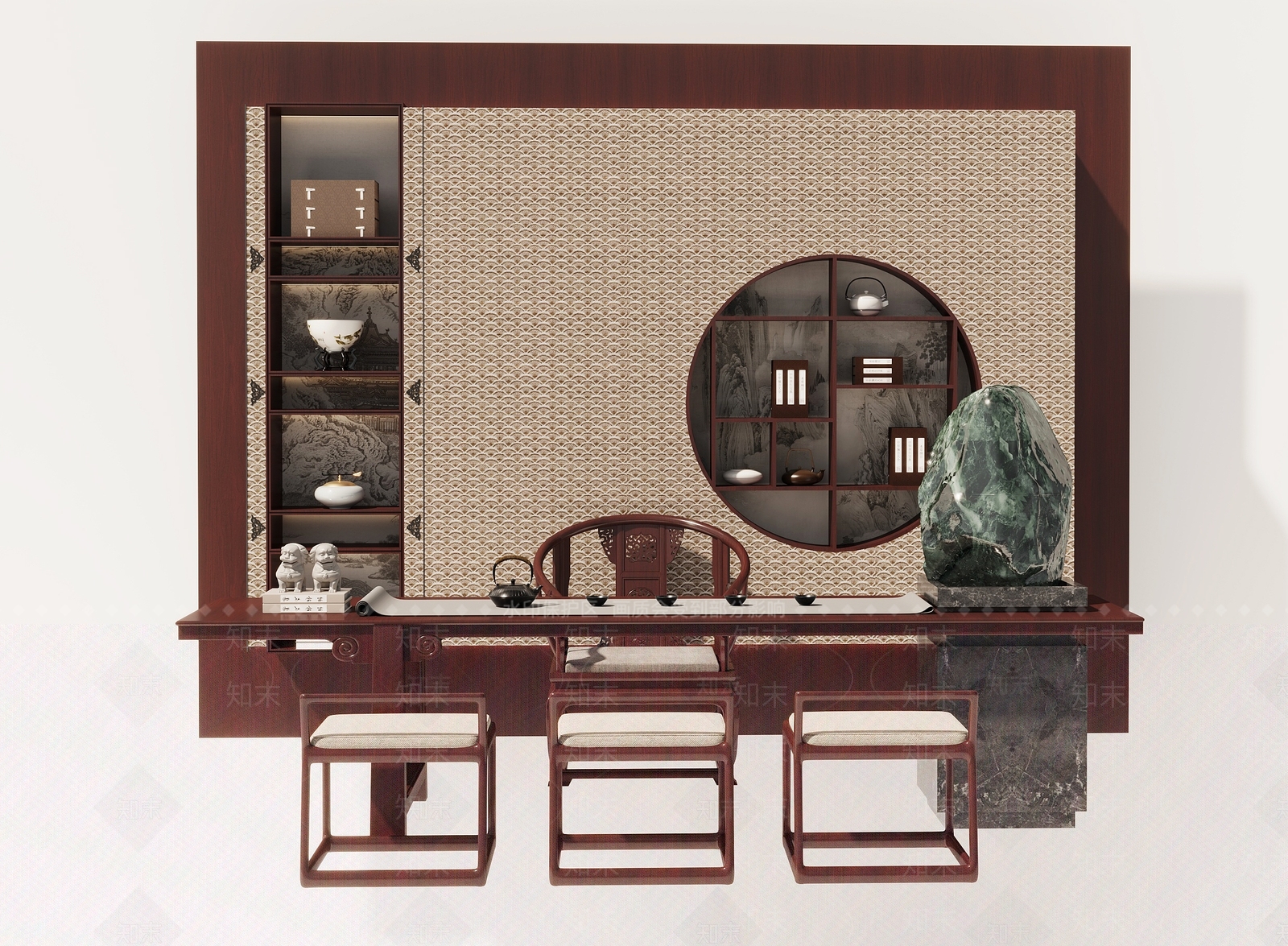 新中式茶桌椅组合3D模型下载【ID:1148123231】