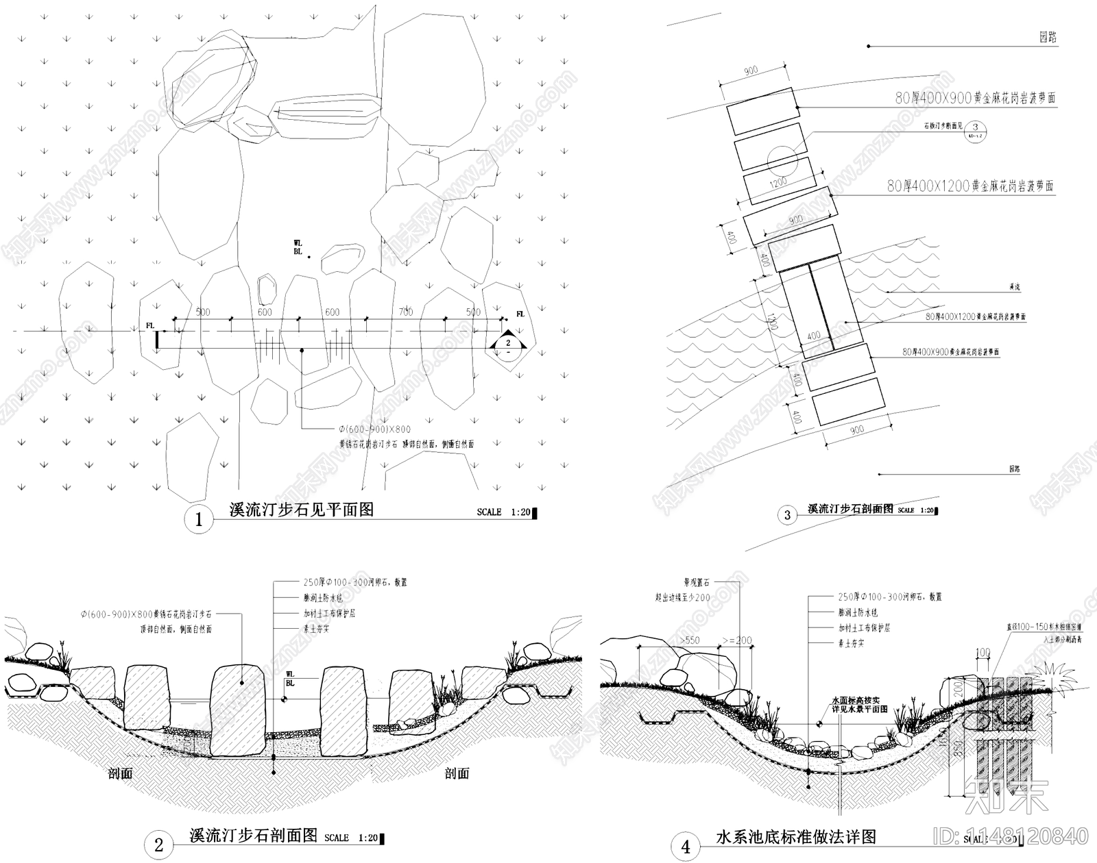 景观溪流汀步水系水景节点施工图施工图下载【ID:1148120840】