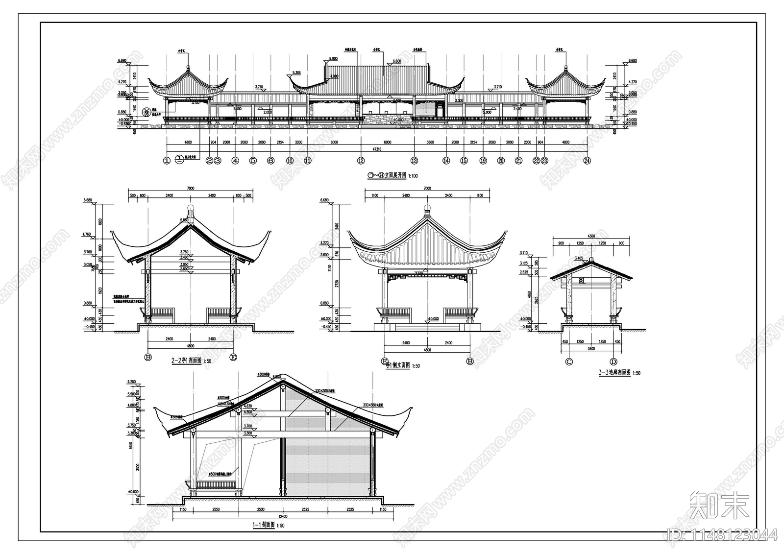 仿古建筑仿古连廊售票厅建筑结构水电施工图cad施工图下载【ID:1148123044】