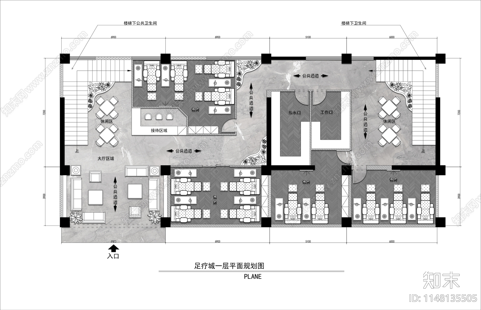 500㎡足疗SPA会所室内平面布置图施工图下载【ID:1148135505】