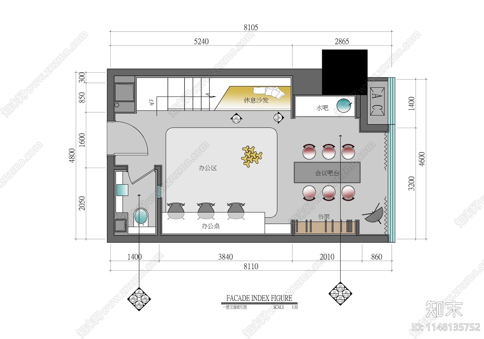 80㎡跃层办公公寓样板房室内cad施工图下载【ID:1148135752】