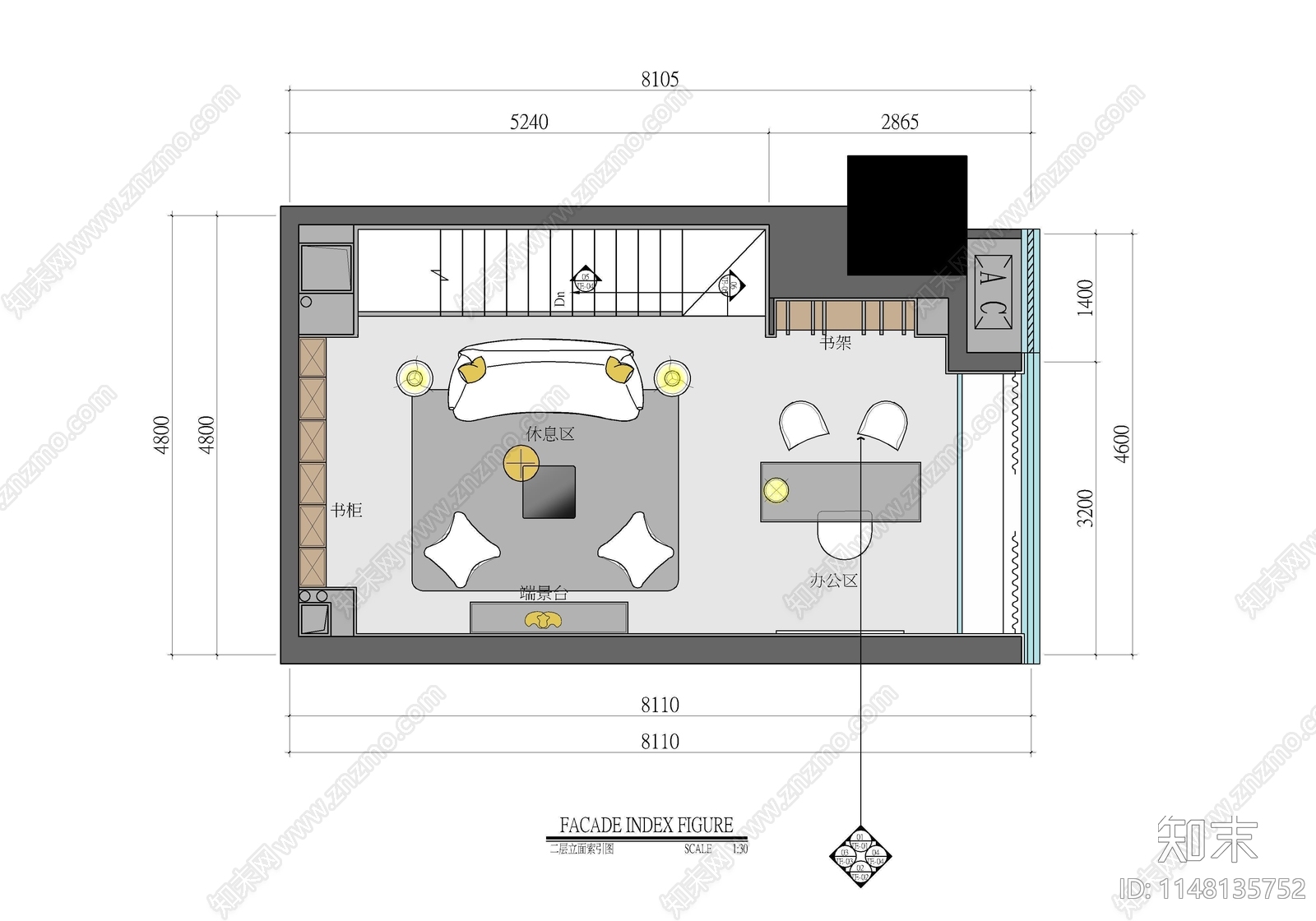 80㎡跃层办公公寓样板房室内cad施工图下载【ID:1148135752】