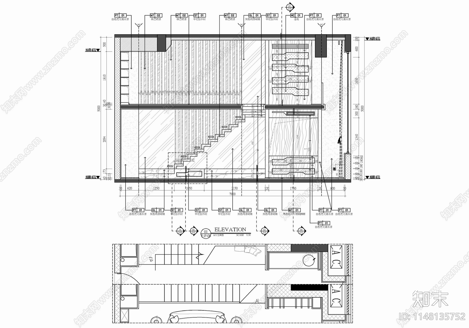 80㎡跃层办公公寓样板房室内cad施工图下载【ID:1148135752】