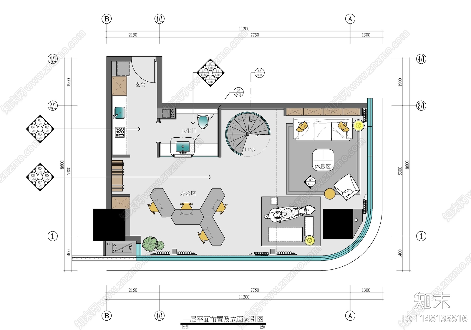 120㎡跃层办公公寓样板房室内cad施工图下载【ID:1148135816】