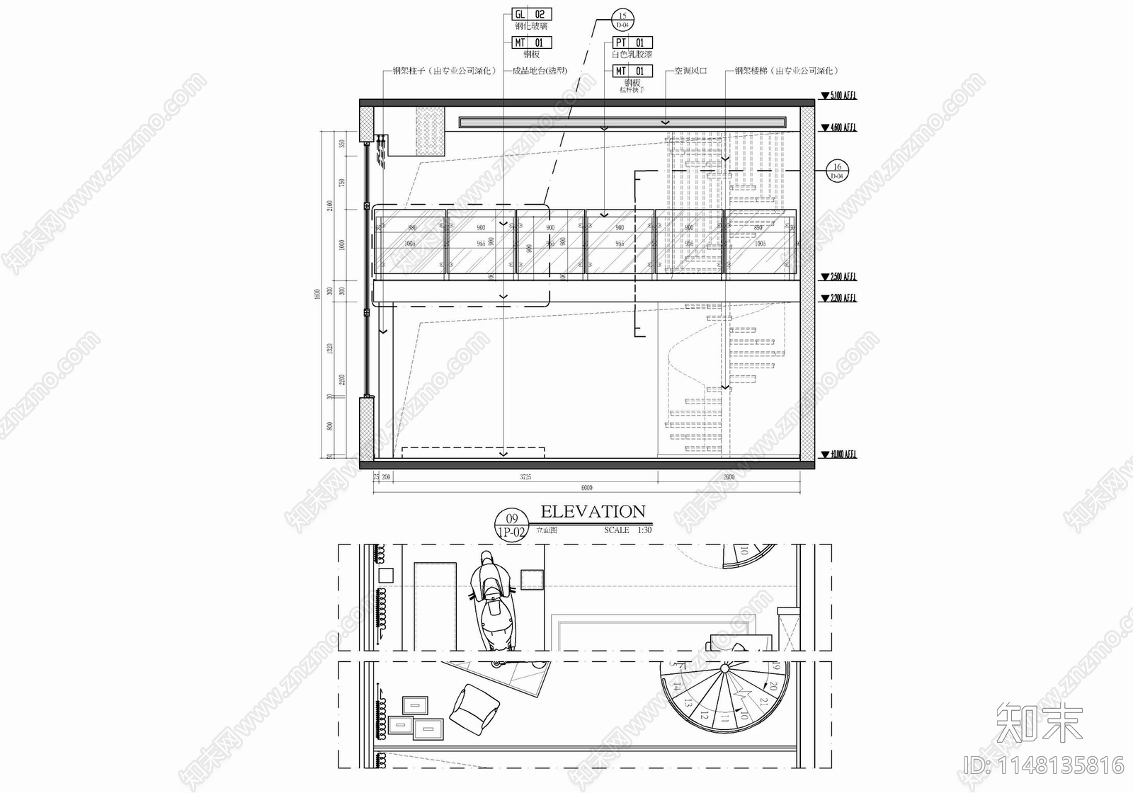 120㎡跃层办公公寓样板房室内cad施工图下载【ID:1148135816】