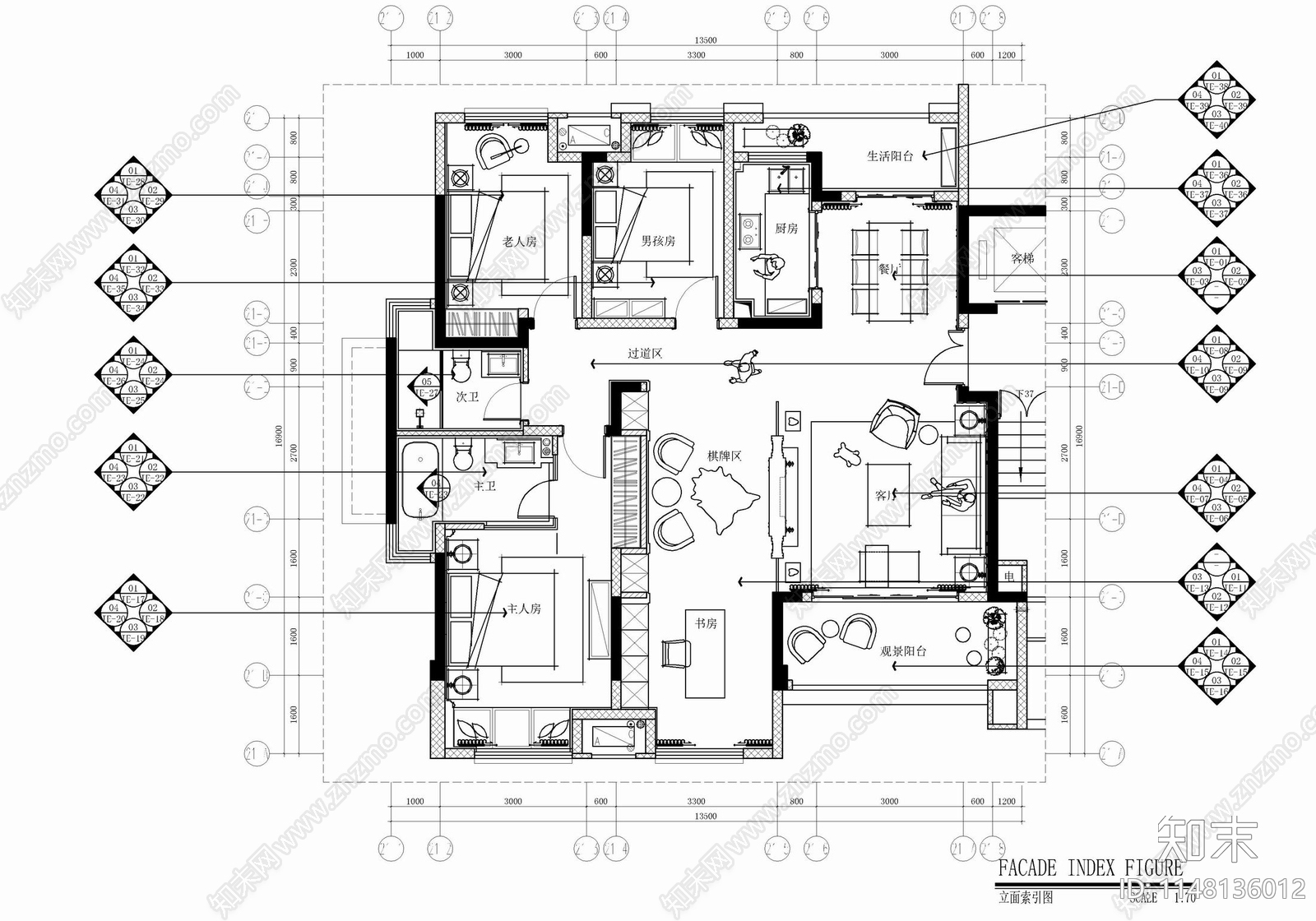 150㎡大平层家装样板房室内cad施工图下载【ID:1148136012】