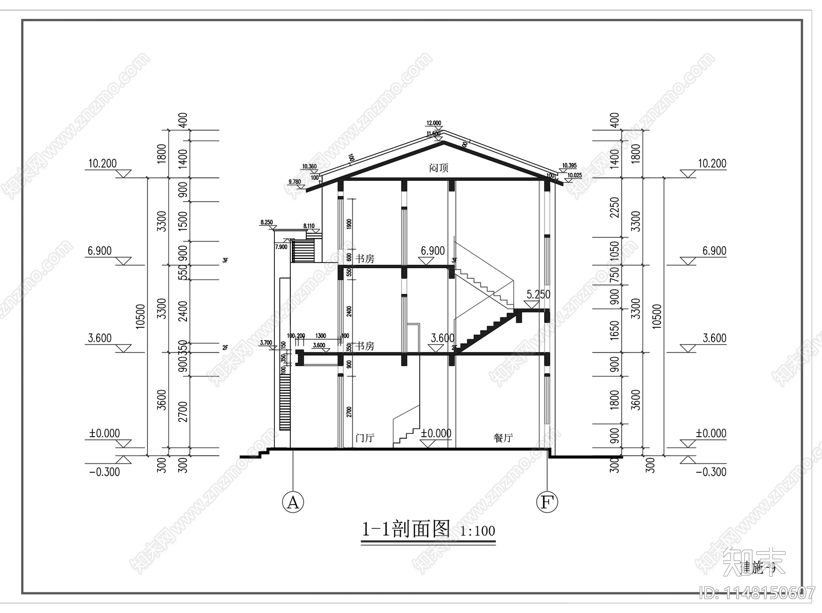 新中式三层别墅建筑cad施工图下载【ID:1148150607】