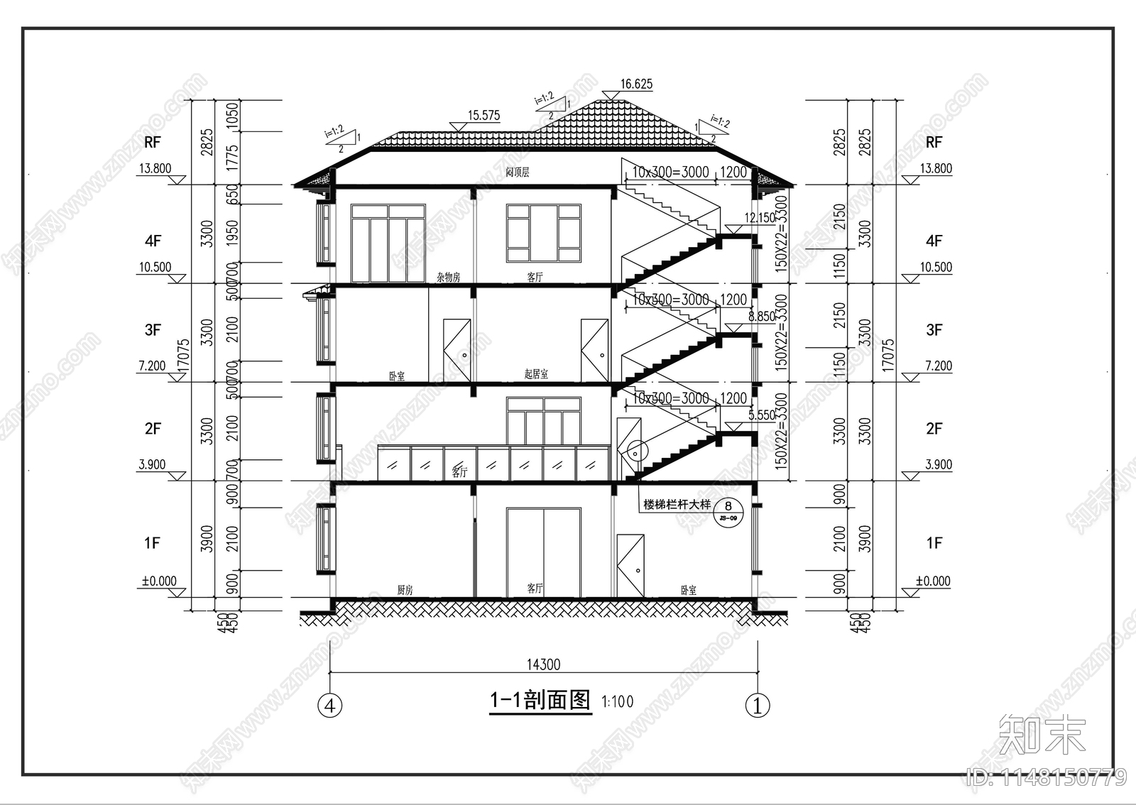 四层欧式别墅建筑cad施工图下载【ID:1148150779】