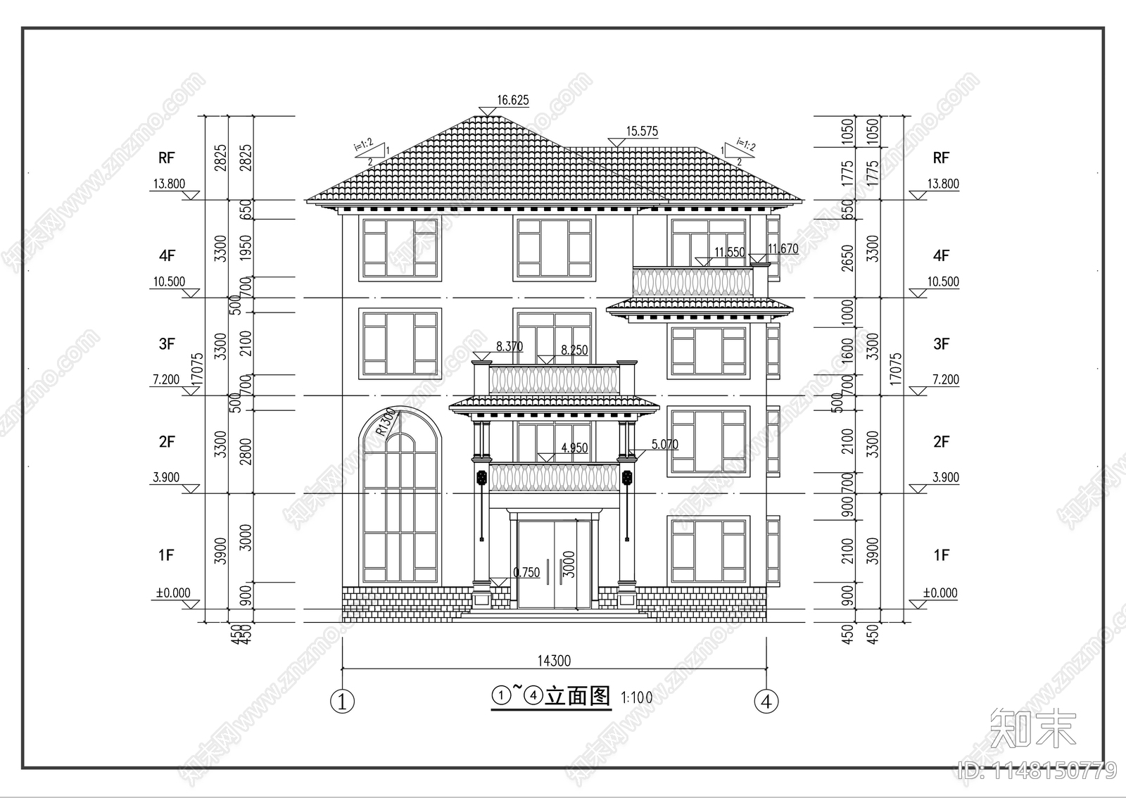 四层欧式别墅建筑cad施工图下载【ID:1148150779】